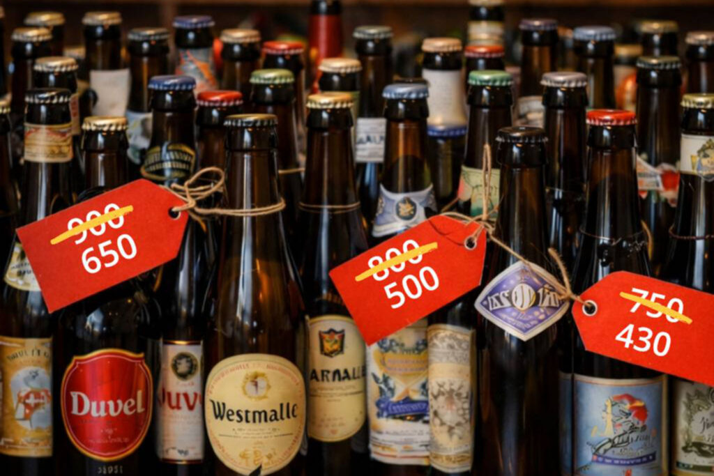 Бутылки бельгийского пива Duvel, Westmalle и других марок с красными ценниками